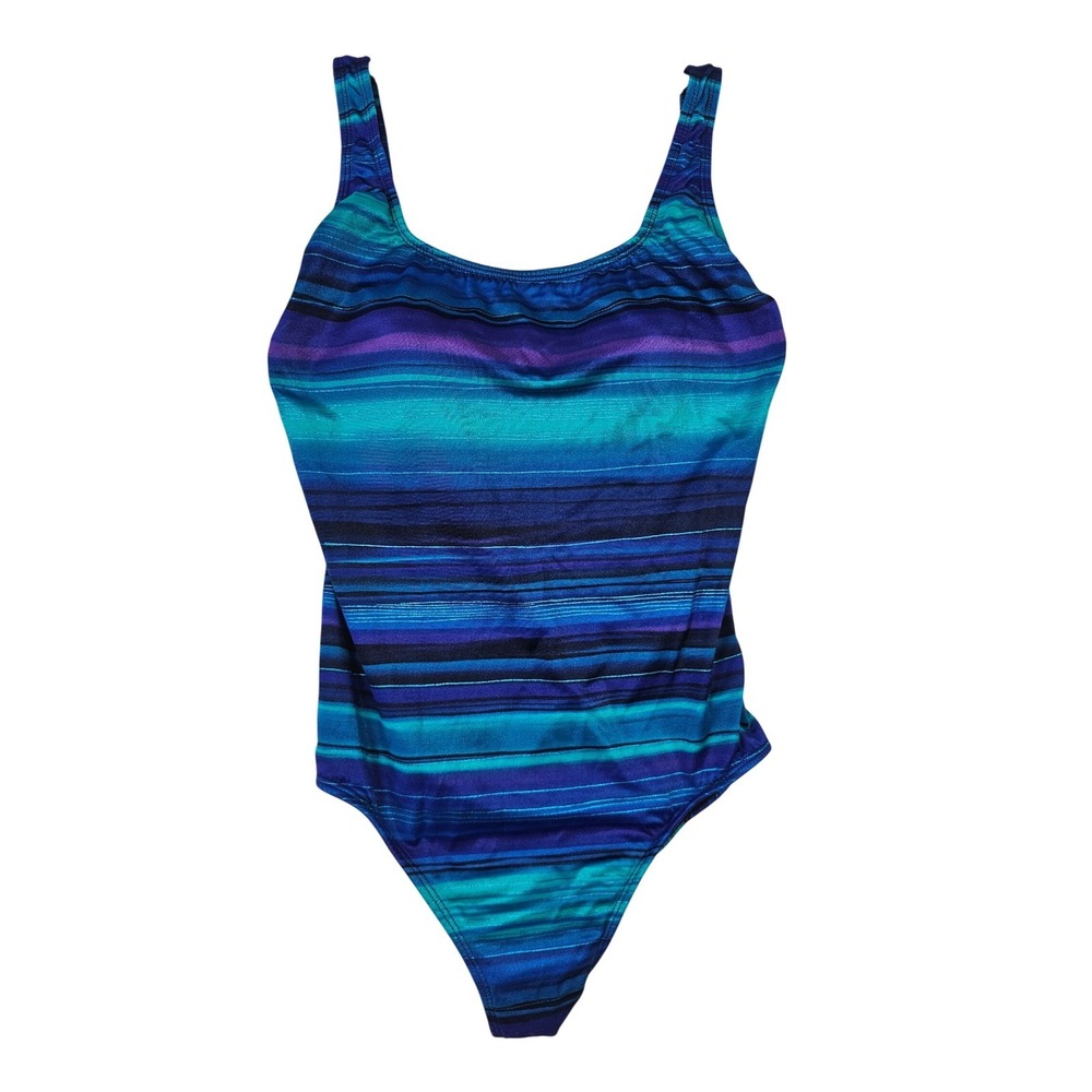 Longitude Womens Blue Teal Purple Striped One Piece Swimsuit Scoop Neck Size 8